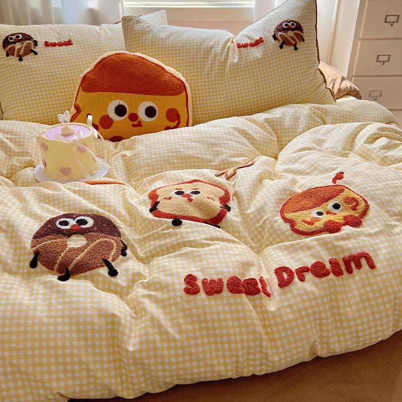 Autumn and Winter Ab Surface Pure Cotton Milk Velvet Bed Four-Piece Bed Bed Sheets Set Pure Cotton Coral Velvet Thickeneded Fleece-Lined Quilt Cover Bedding