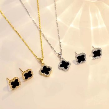 Double-sided Clover titanium steel necklace light luxury clavicle chain with simple same style ear studs factory direct sales large quantity Congyou