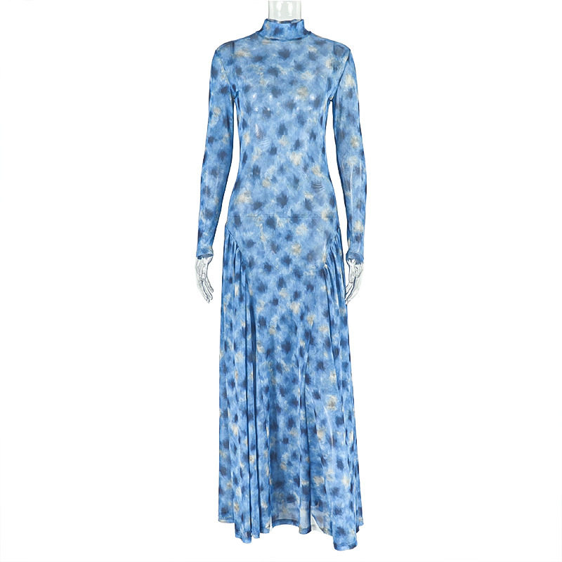 Elegant A Line Maxi Dress for Women Waist Defining Sheer Floral Print High Neck Slim Fit Perfect for Casual or