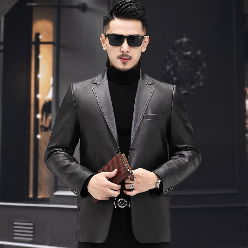 Áo khoác da cừu nam dáng vest cổ áo vest phong cách công sở — Màu đen
