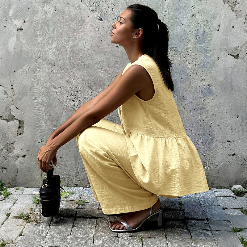 Sleeveless V Neck Vest and Pants Set Sweet Commuter Style Lightweight Linen Blend Wholesale Available
