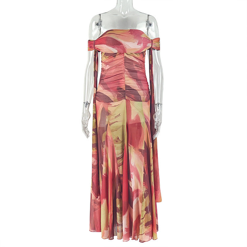 Summer Floral Print Bodycon Dress Breathable Sleeveless Ruched Asymmetrical Neckline Casual or Party Wear