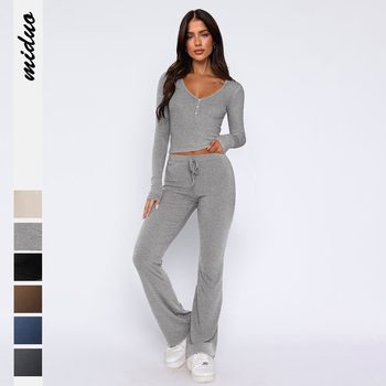 2025 Amazon Hot Selling Sweet and Spicy Style Long-Sleeved Tops and Casual Pants Two-Piece Fashion Suit Women's High-End Summer