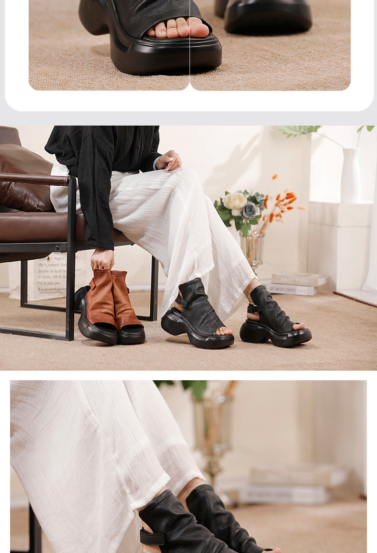 Sandal nữ mũi cá đế dày da bò thật thủ công — màu đen, Màu nâu