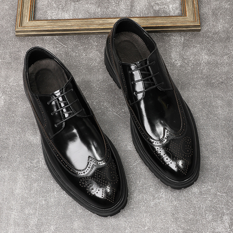 Giày Oxford nam da bò thật bề mặt bóng, đế cao su dày, kiểu brogue lịch lãm — Màu đen, Màu vàng nâu