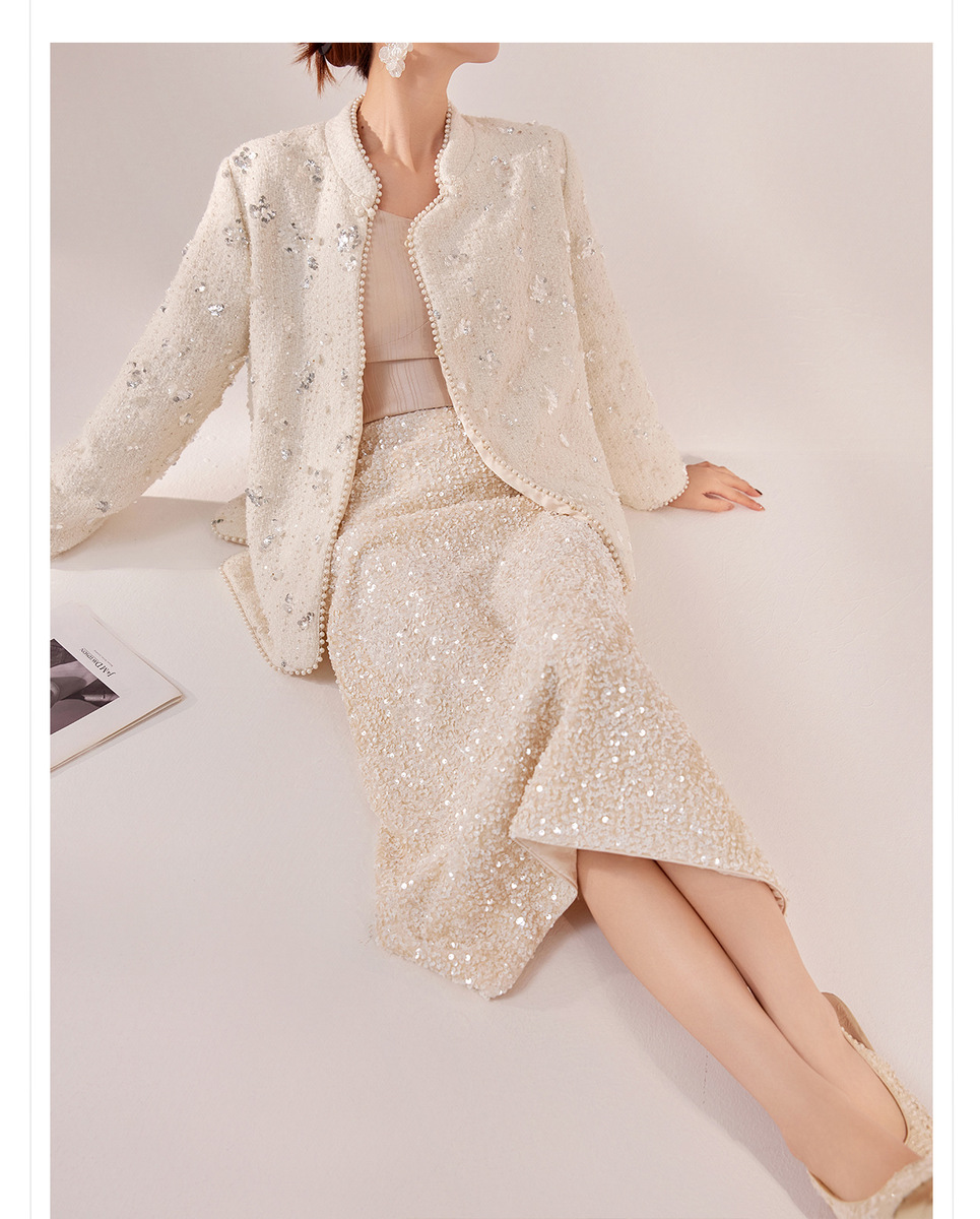 Chân váy dài lưng cao dáng chữ A phối sequin lấp lánh — Màu mơ