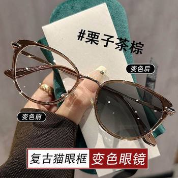 Internet Celebrity Same Style European and American Style Cat's Eye Color Changing Frame Women's Fashionable Light Luxury Anti-Blue Light Flat Mirror Ultra Light Myopia Frame