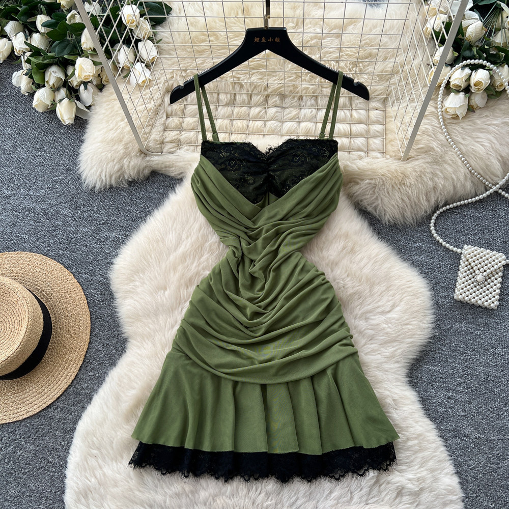 French Lace Spliced Cami Dress Slim Fit A Line Silhouette Summer Style Green Color Perfect for Casual Outings
