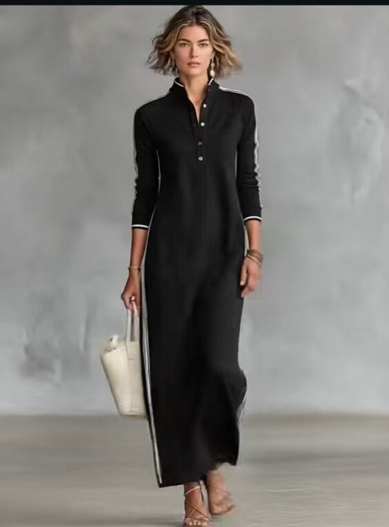 2026跨境外贸速卖通新款女士阿拉伯风格简约纽扣领长袖长款连衣裙