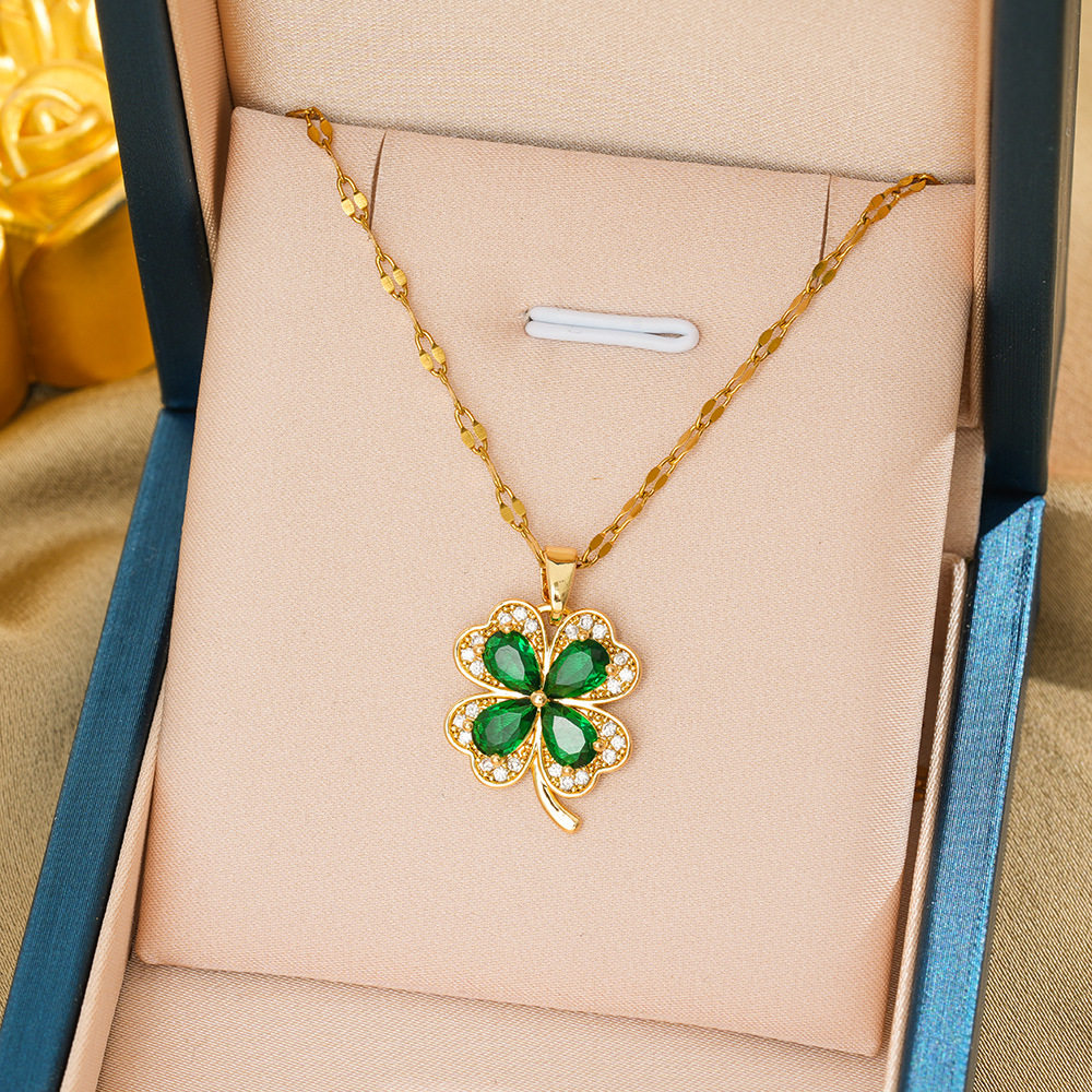 253 四つ葉の花ネックレス-ゴールドグリーン