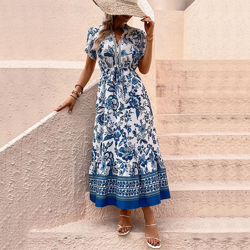 Vintage Floral Print Maxi Dress Slim Fit Blue Color Casual Style Perfect for Vacation Wholesale Available