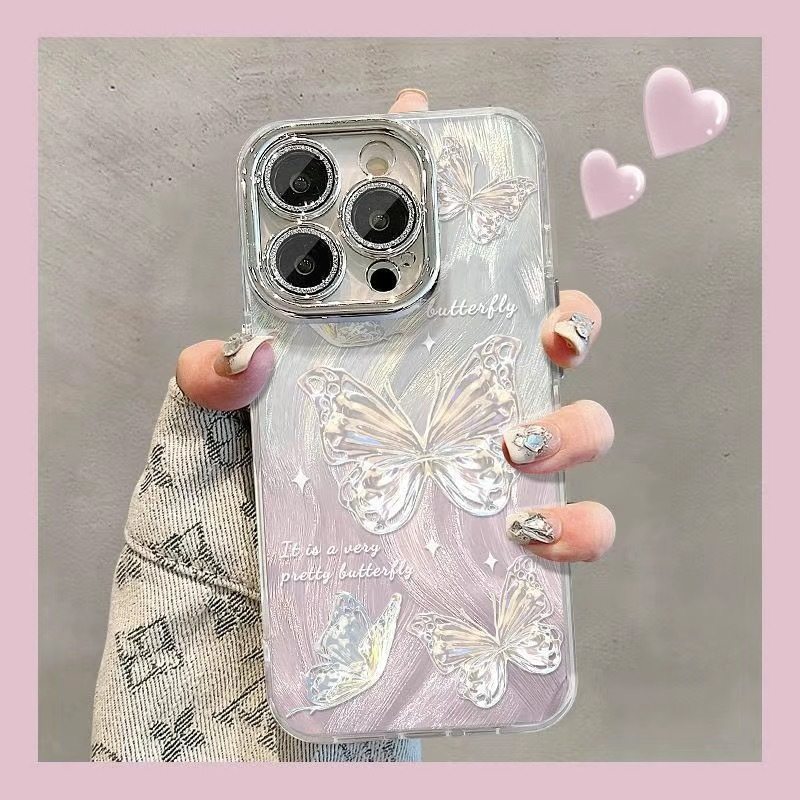 Silver Butterfly Suitable for Apple 16Promax Mobile Phone Case Female Iphone15 Lens Film All-Inclusive 14Pro Feather Yarn
