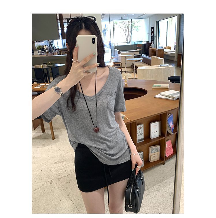 V Neck Tencel Blouse Soft Loose Fit Short Sleeve Pocket Design Summer Casual Wear Wholesale Available