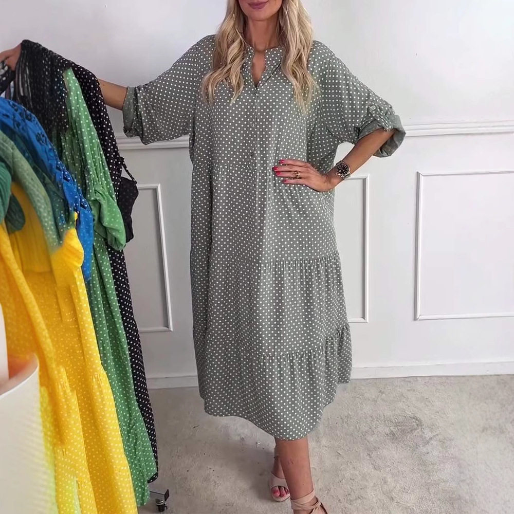 Summer Floral Print Button Up Polka Dot Dress Loose Fit Stand Collar Short Sleeve Casual Wear for Women OEM
