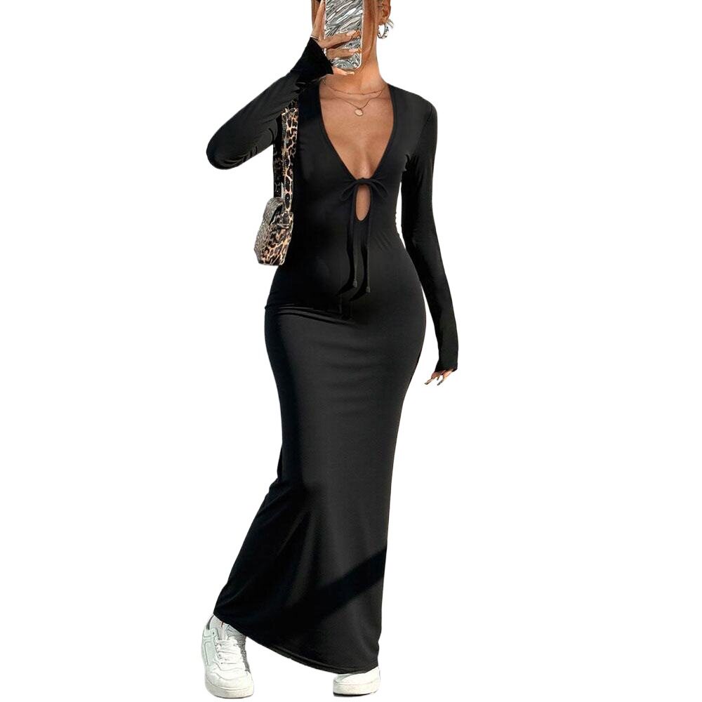 Elegant Black V Neck Maxi Dress Chic Design Spring Summer Style Perfect for Parties Wholesale Available