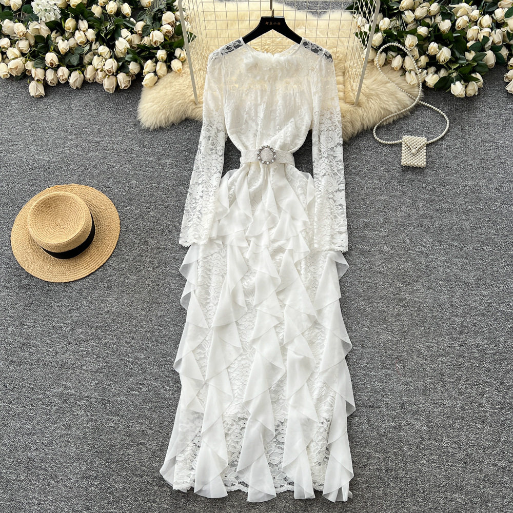 Elegant Long Sleeve Lace Dress with 3D Floral Design and Ruffle Trim Chic and Luxurious Evening Gown for Special Occasions