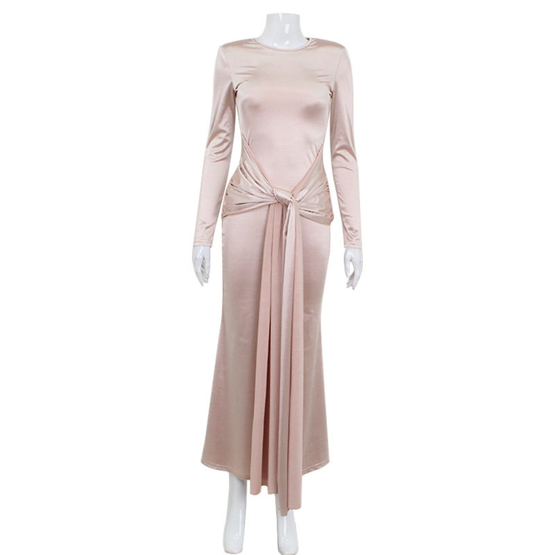 Elegant Long Sleeve Waist Tie Maxi Dress Slim Fit Spring Style Chic Design Wholesale Availability