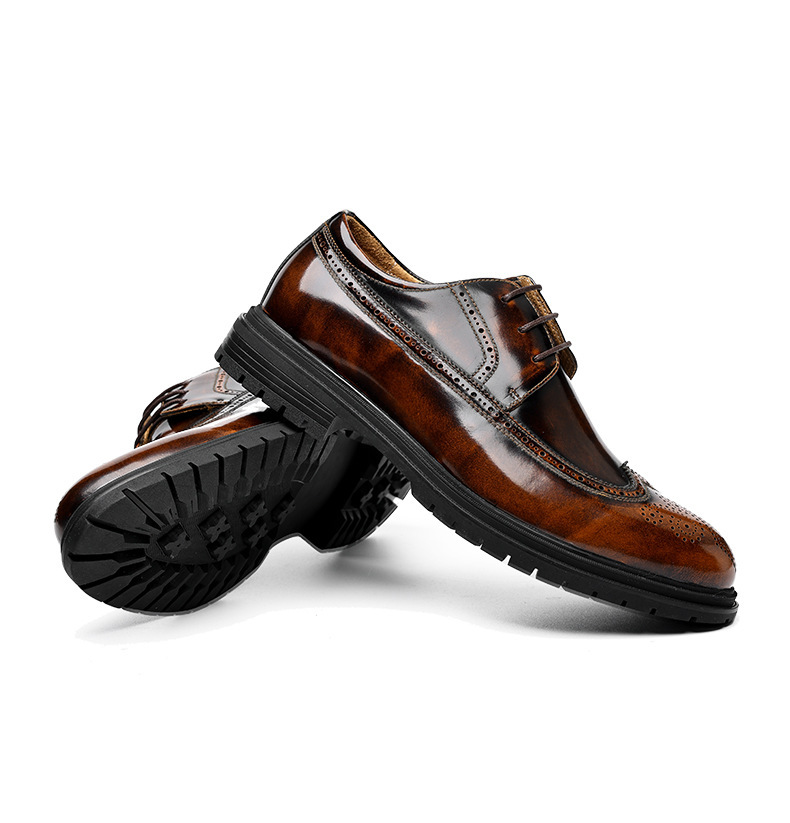 Giày Oxford nam da bò thật bề mặt bóng, đế cao su dày, kiểu brogue lịch lãm — Màu đen, Màu vàng nâu