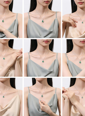 钻石之乡商丘人工钻石碎花祖母绿S925银项链配饰女送礼纪念锁骨链