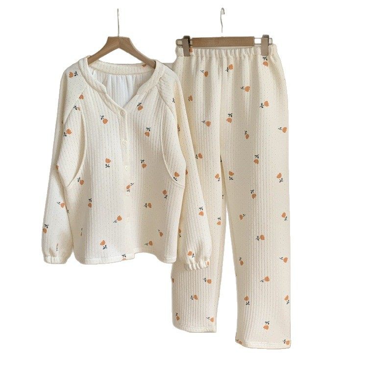 2025 Maternity Autumn and Winter Maternity Clothes Large Size Nursing Pajamas Air Cotton Postpartum Breastfeeding Warm Interlayer Home Clothes