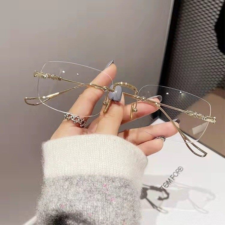 Plain Gold Wire Rimless Glasses for Myopic Women, High-End Rimless Pure Lust Anti-Blue Light Cut Edge Silver Frame