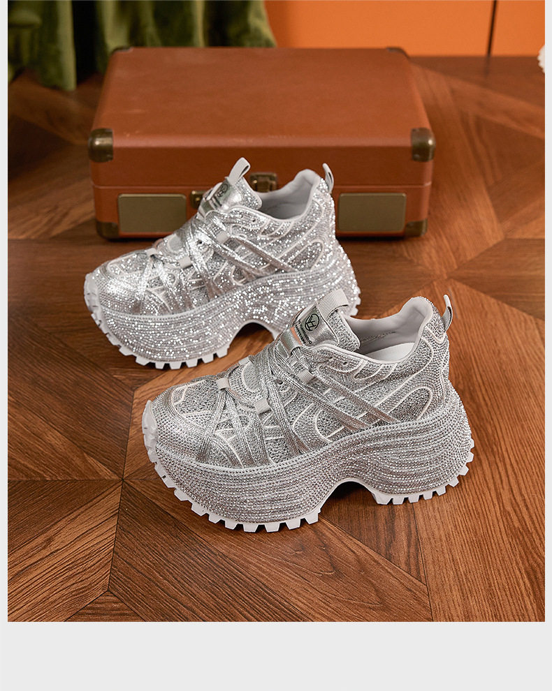 Sandal cao gót nữ hở mũi quai ngang đế dày, gót siêu cao 8 cm, phối đá lấp lánh — Đen, Bạc, Trắng chi tiết 20