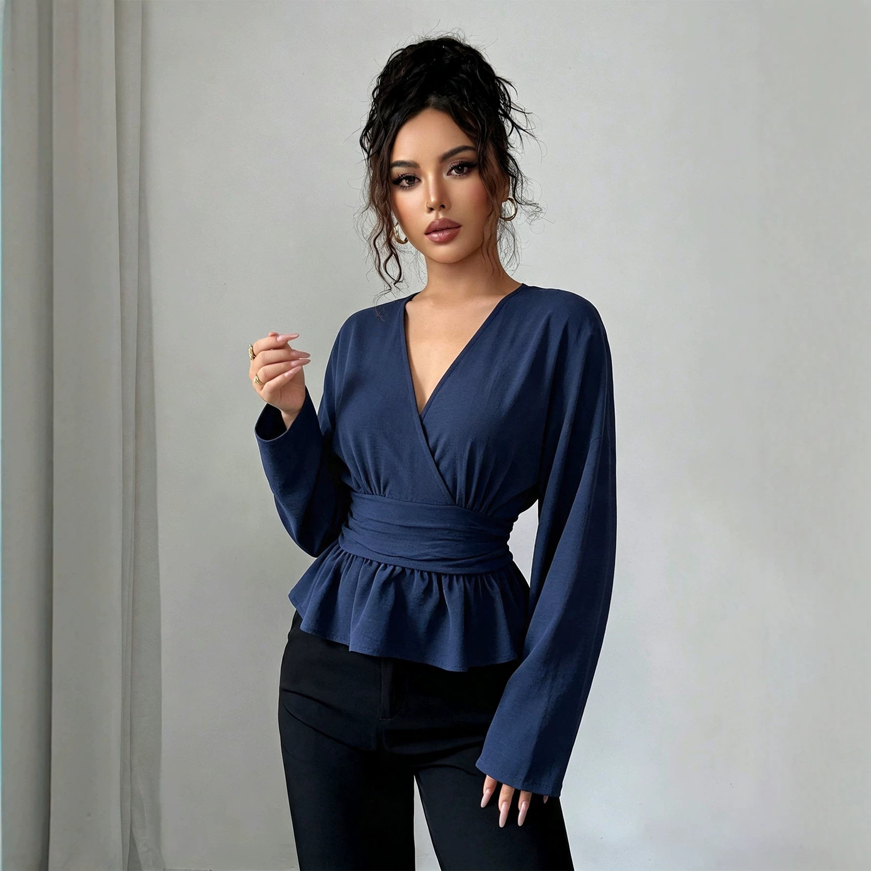 Womens V Neck Peplum Top Slim Fit Long Sleeve Ruffle Hem Fall Winter Fashion Wholesale Available