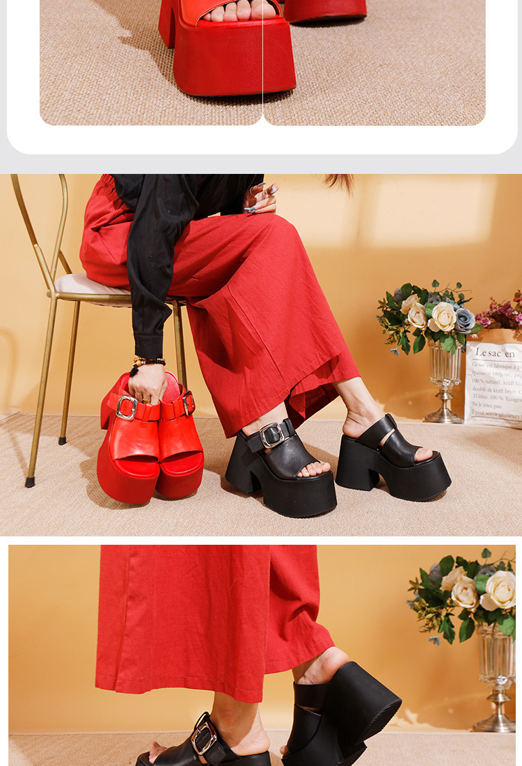 Dép sandal nữ quai ngang da bò thật đế dày tăng chiều cao đi ngoài trời — Màu đen, Màu đỏ