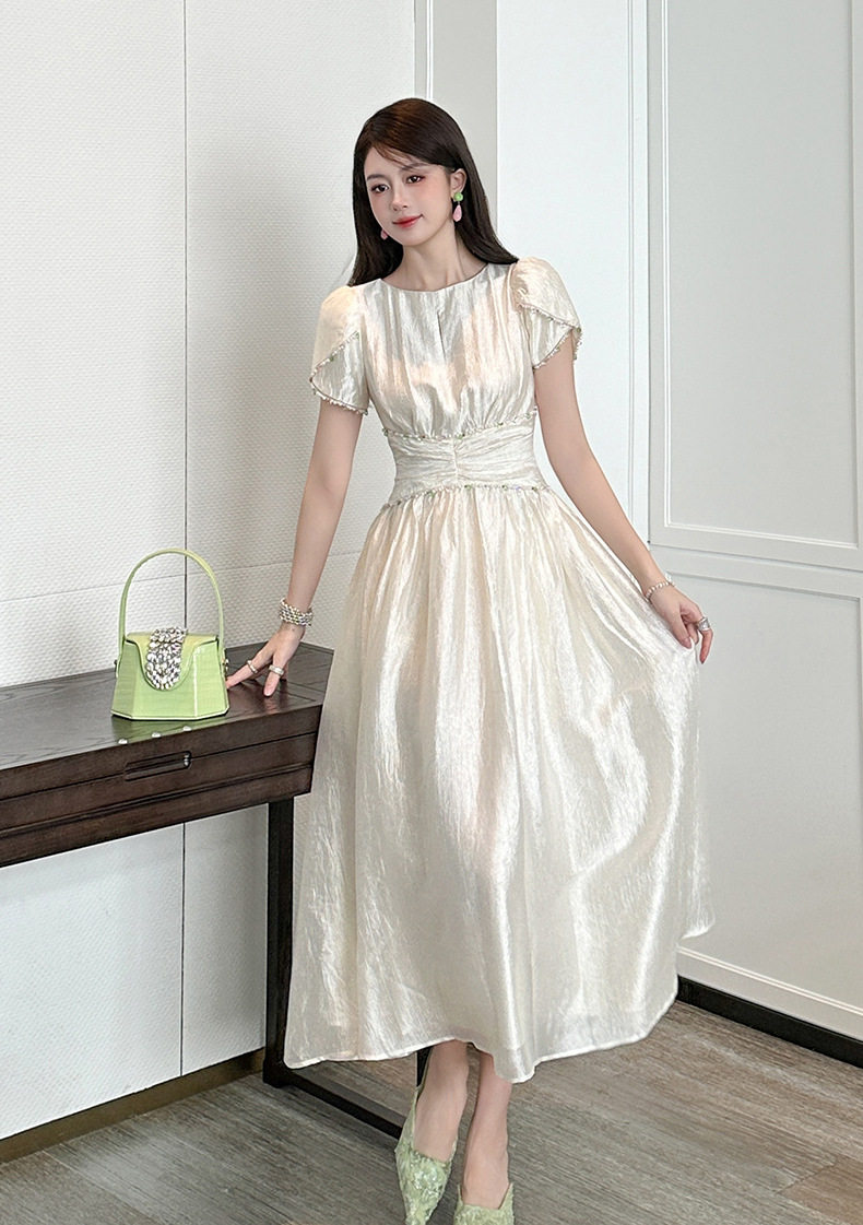 Đầm maxi nữ cổ tròn tay bồng phong cách Pháp — [Màu hồng đào] chi tiết 10