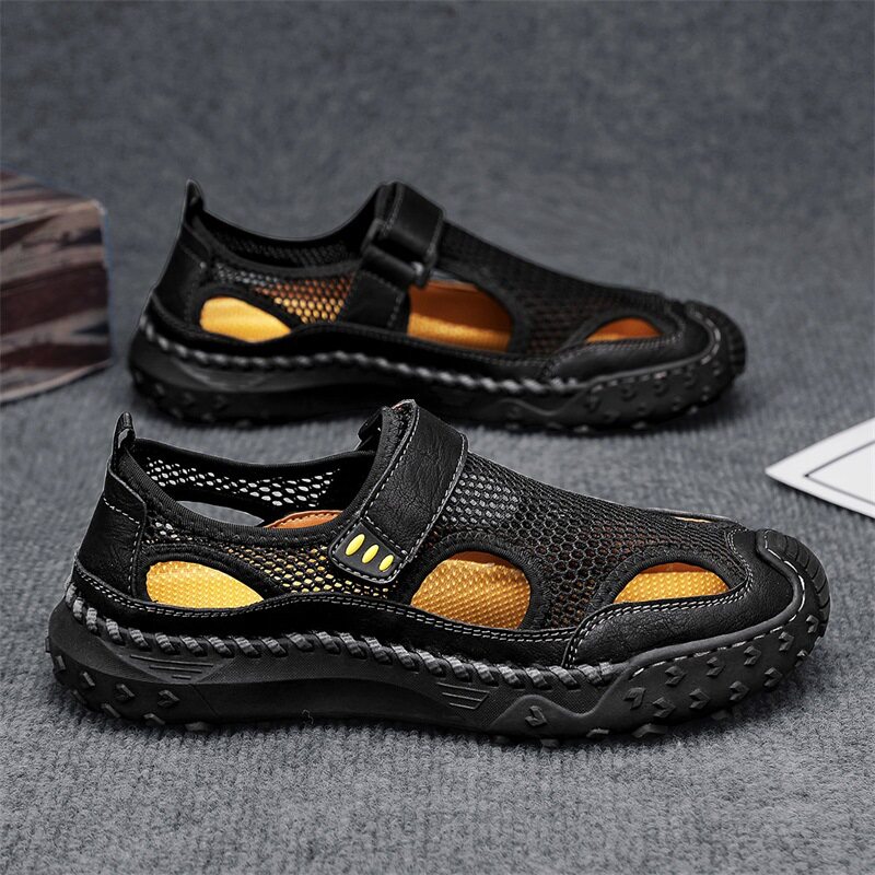 Sandal Nam Da Thật Lưới Thoáng Khí Chiều Cao Đế Khoảng 3cm Màu Nâu, Đen, Xám