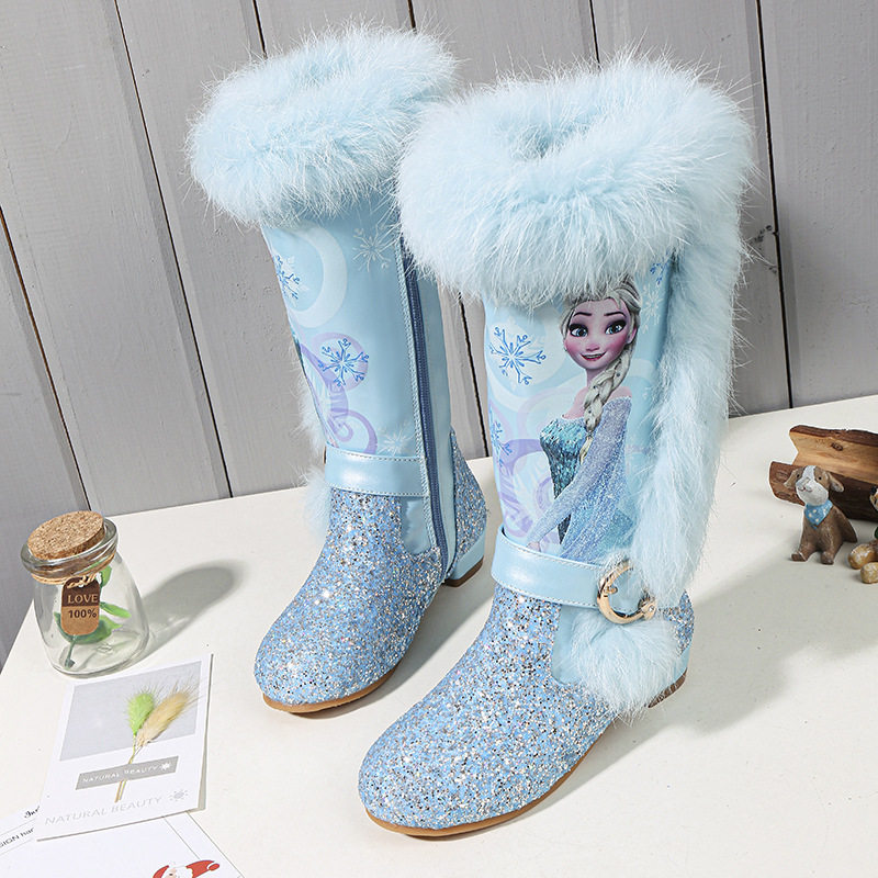 2025 Winter New Girls' High Heel Boots Frozen Elsa Plush Fashion Snow Boots with Fleece Lining for Warmth