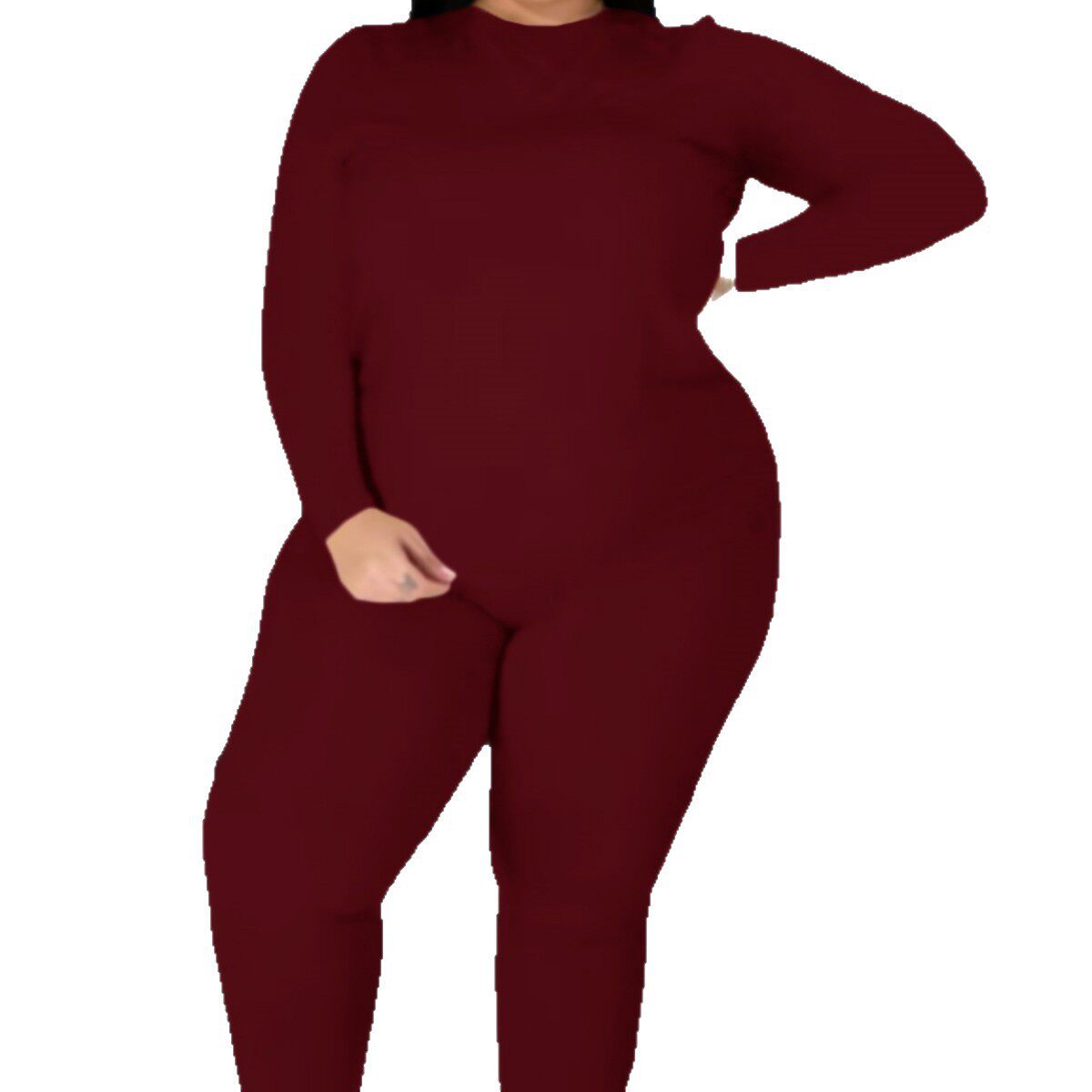 European and American New Large Size Women's Pure Color Two-Piece Suit, Long-Sleeved Round Neck T-Shirt Top and Tights Two-Piece Set