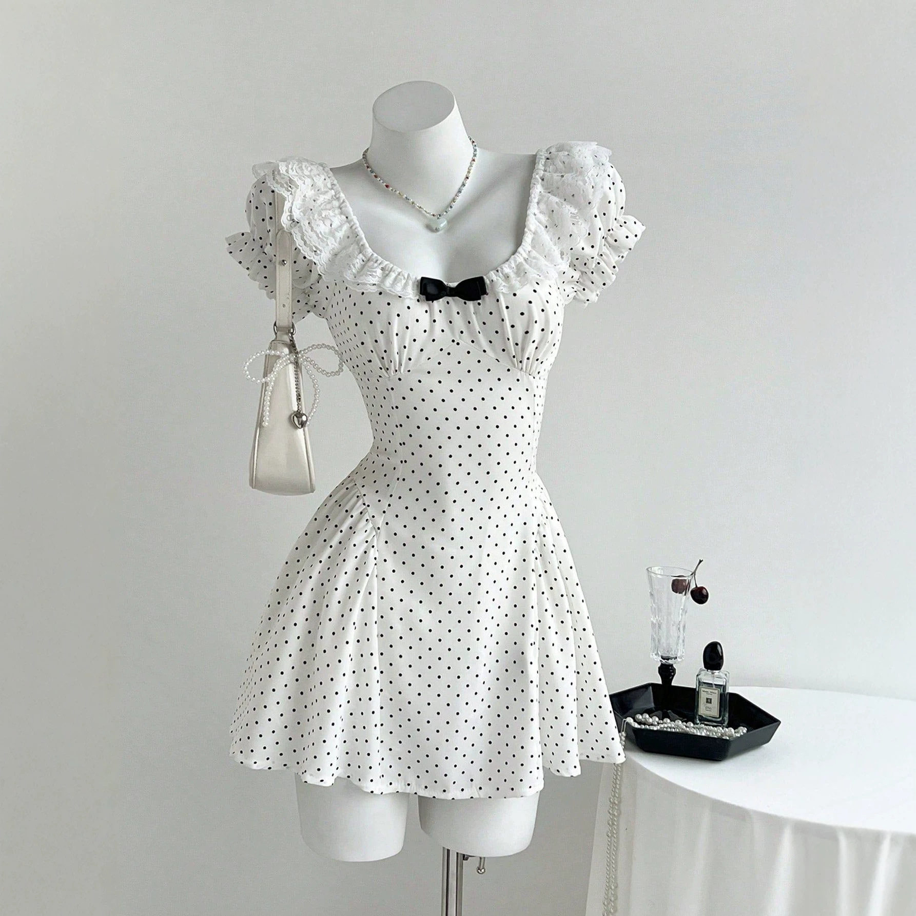 Polka Dot Puff Sleeve Dress with Bow Tie Summer Style Waist Defined Casual Wear Ready to Ship Low MOQ