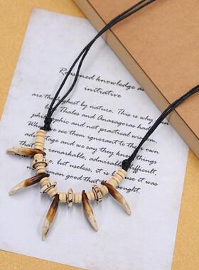 复古部落民族风狼狗牙牦牛骨项链女简约个性长短款野性挂件配饰