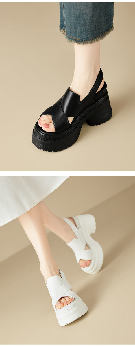 Sandal La Mã nữ quai ngang hở mũi đế dày tăng chiều cao, khóa dán tiện lợi — Màu đen, Màu trắng