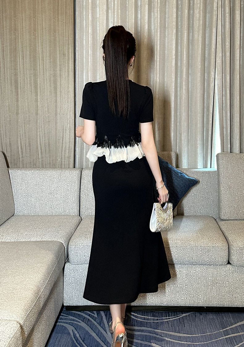 Đầm ôm body nữ cổ tròn tay ngắn phong cách Pháp — [Đen] chi tiết 11