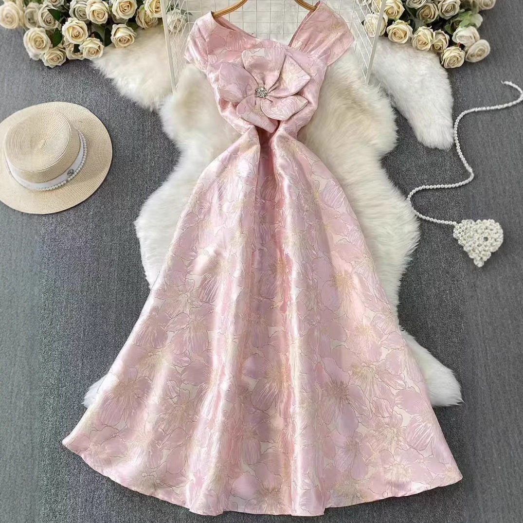 French Embroidered A Line Dress 3D Floral Design High Waist Elegant Summer Style Perfect for Work or Casual
