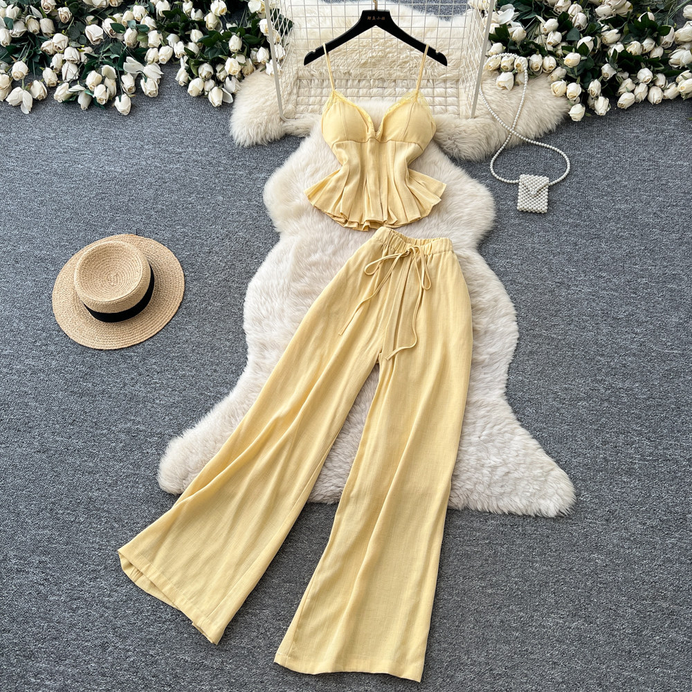 Lace Camisole and Wide Leg Pants Set Lightweight Slim Fit Elegant Design Summer Casual Wear Wholesale Available