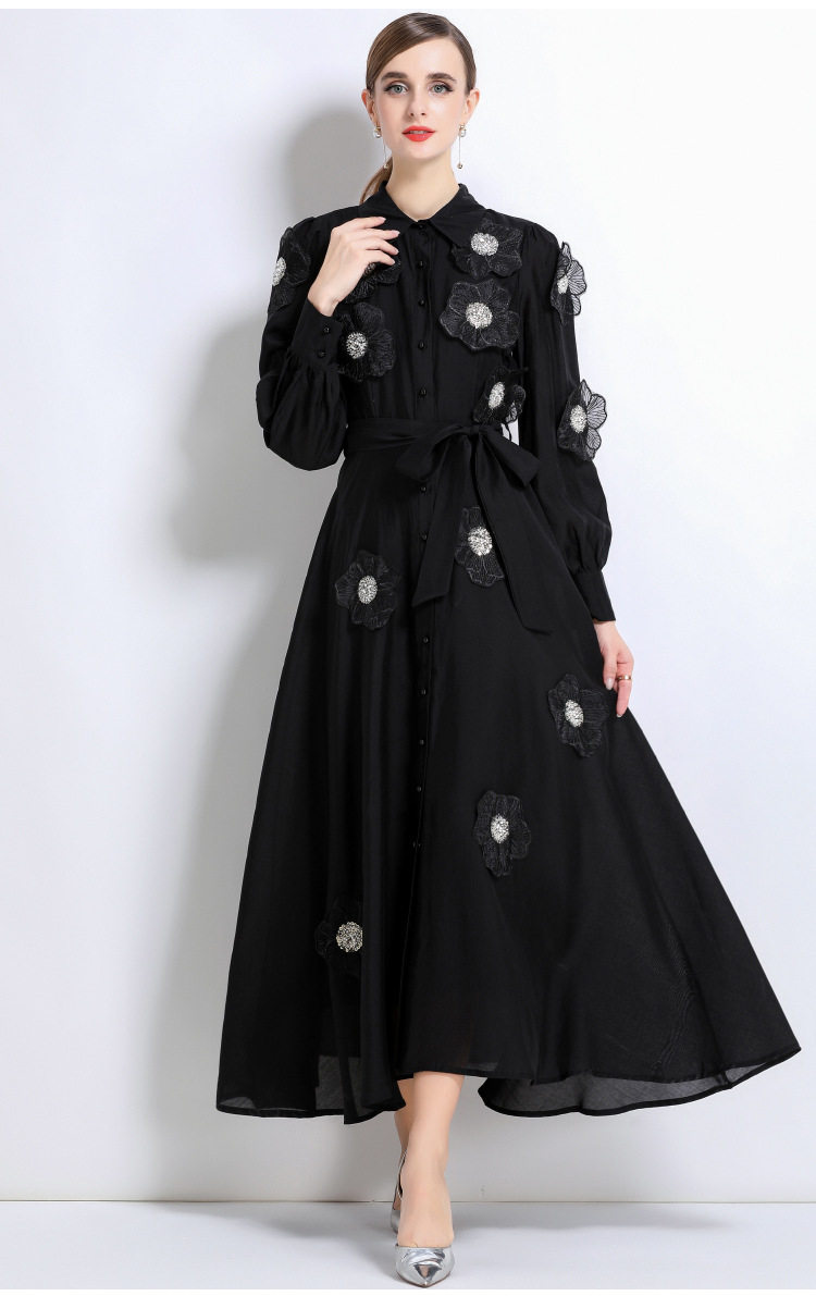 French High End Beaded Floral Long Sleeve Dress Slim Fit Waist Tie Button Closure Autumn Fashion for Women