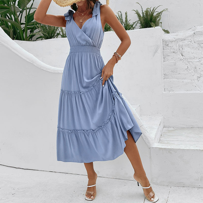 Summer Casual Dress Solid Color Ruffled Hem High Waist Sleeveless Beach Vacation Wear Wholesale Available