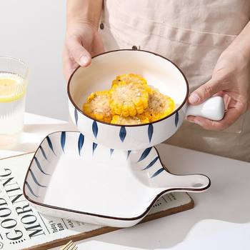Japanese-Style Chiba Hand-Painted Handle Plate Bowl Instant Noodle Bowl Creative Trendy Oven-Safe Ceramic Tableware Set High Temperature Resistant