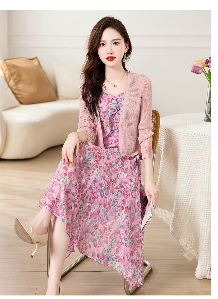 Set Áo Khoác Cardigan Dệt Kim Và Đầm Hai Dây Xòe Họa Tiết Hoa Phong Cách Thanh Lịch Màu Hồng, Xanh chi tiết 16
