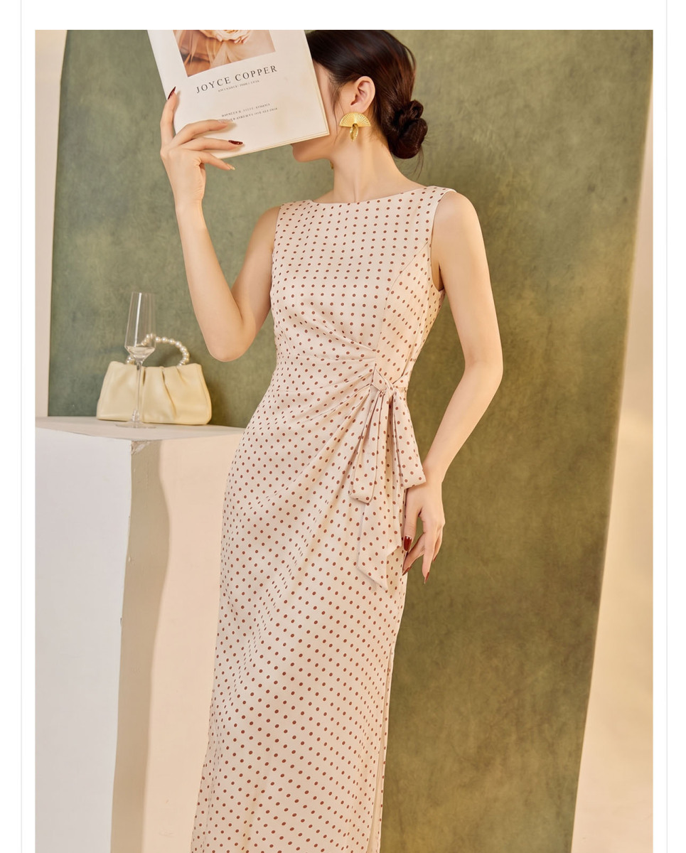 Đầm ôm body nữ không tay họa tiết chấm bi dáng dài thắt eo — Chấm bi