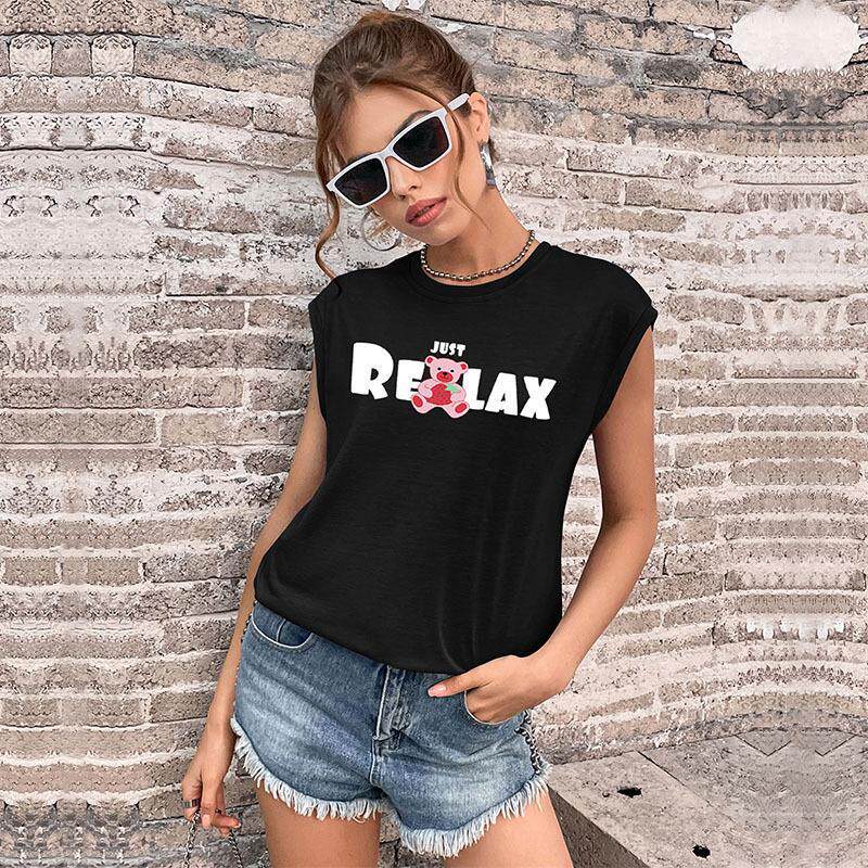 Womens Black Printed Short Sleeve T Shirt Summer Casual Style Trendy European and American Fashion Wholesale Available