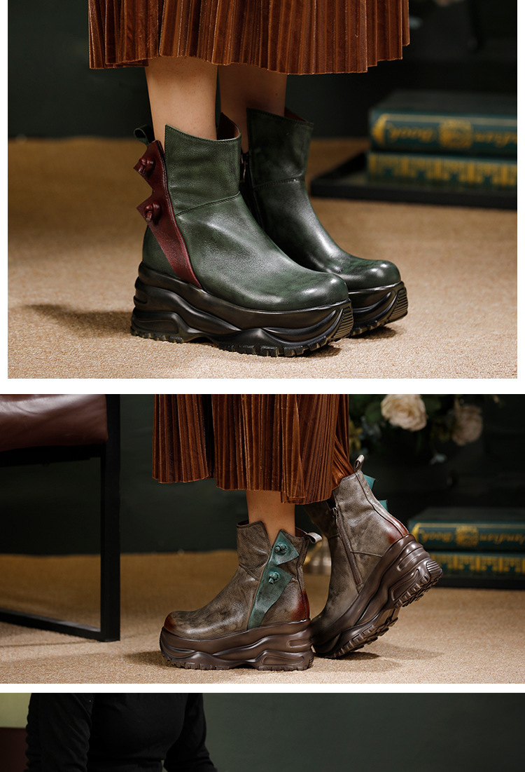 Boot nữ cổ thấp da bò thật đế dày tôn dáng thủ công — màu xám, xanh lá cây