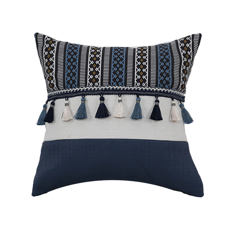 Cross-border Bohemian Ethnic Style Pillow Cushion Cover Blue Tassel Pillow Cover Sofa Pillow Cover