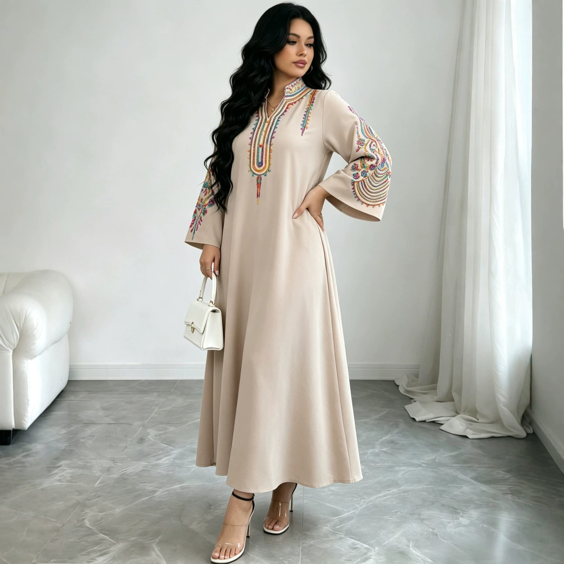Bohemian Embroidered Maxi Dress Loose Fit Plus Size Rope Embroidery Casual Wear for Women Wholesale Available