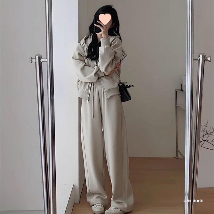 Autumn and Winter Casual Sweatshirt Sports Suit Women's Fashion Loose Large Size Slimming Age-Reducing Wide-Leg Pants Running Two-Piece Set