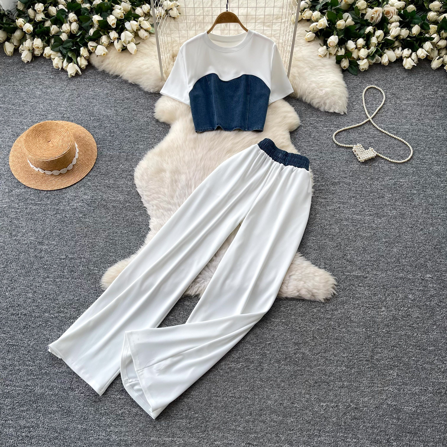 Womens Summer Slim Fit Vest and High Waisted Wide Leg Pants Set Korean Style Elegant Comfortable Fabric Office Wear