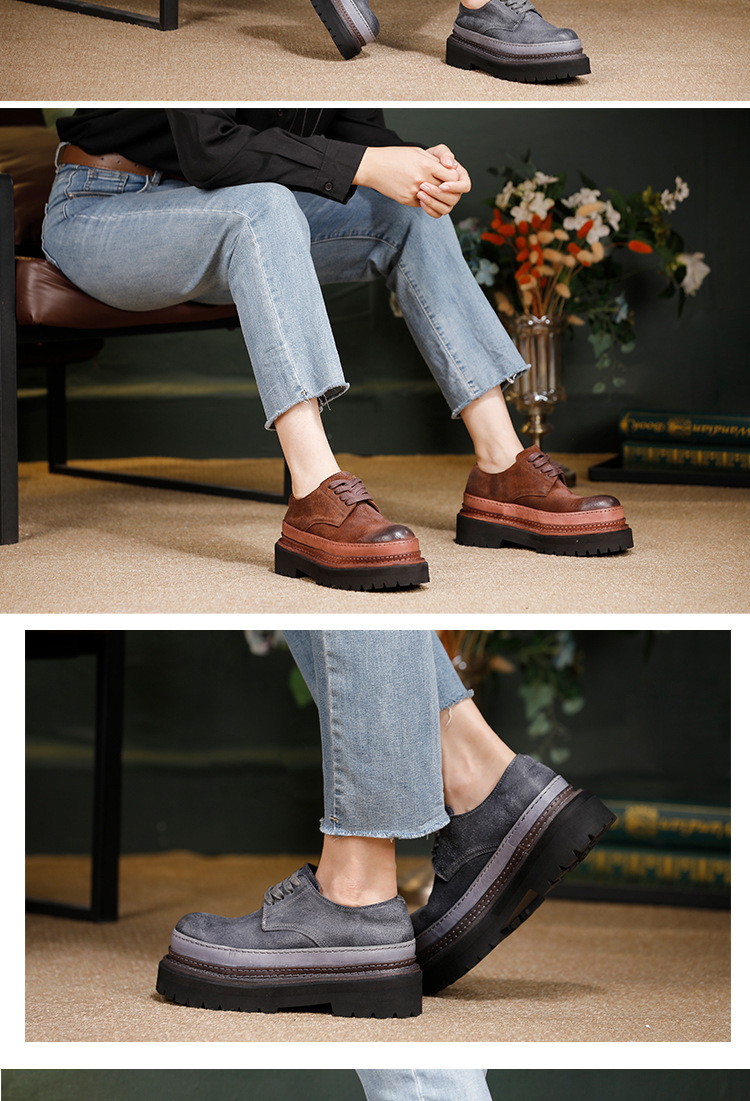 Giày Derby nữ da bò cổ thấp buộc dây phong cách cổ điển — Màu cà phê, màu xám